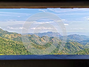 view from window at a wonderful landscape .pool and Mountain Background. AtÃ¢â¬â¹ Khao Kho, Phetchabun ProvinceÃ¢â¬â¹ Thailand.